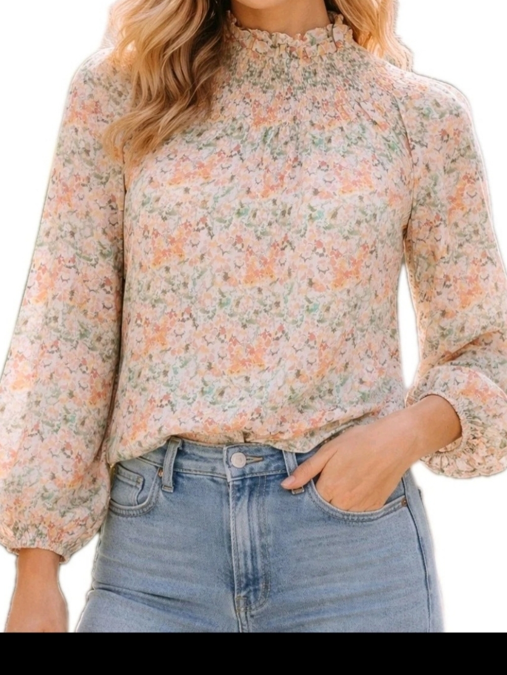 LOFT Floral Smocked Neck Blouse XL Pastel Boho Cottagecore Long Sleeve Top